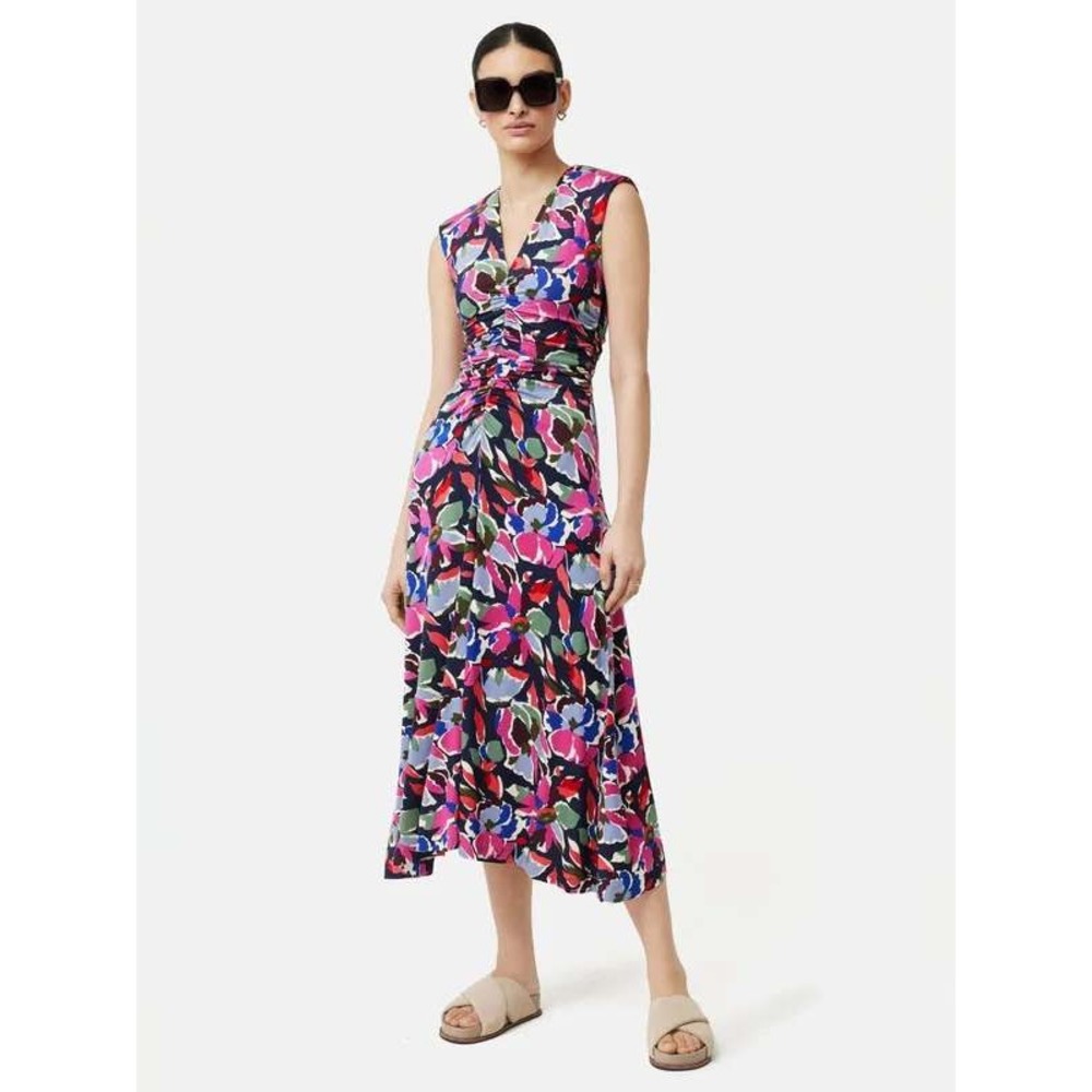 Jigsaw London Floral V-Neck Ruched Sleeveless Midi Dress Pink Blue Sz L